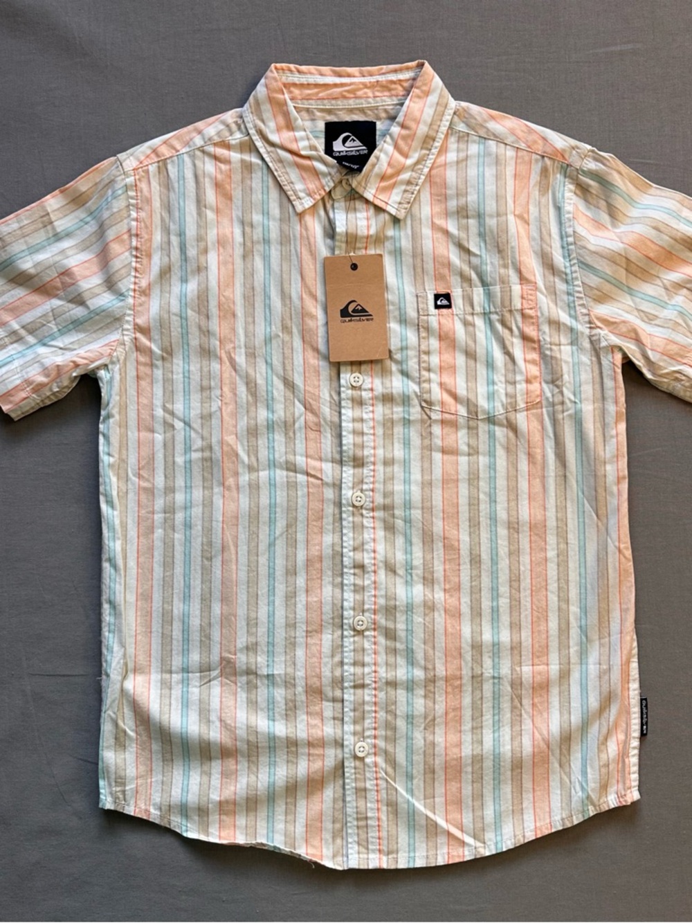 Quiksilver Boys Short-Sleeve Striped Button-Up Shirt - Pastel Orange/Blue